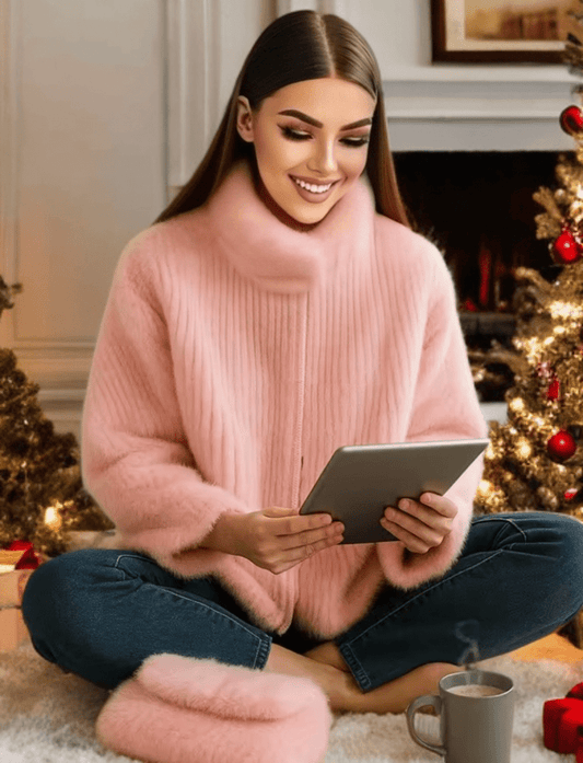 Futro z norek, ponczo futrzane pudrowy róż - LEU