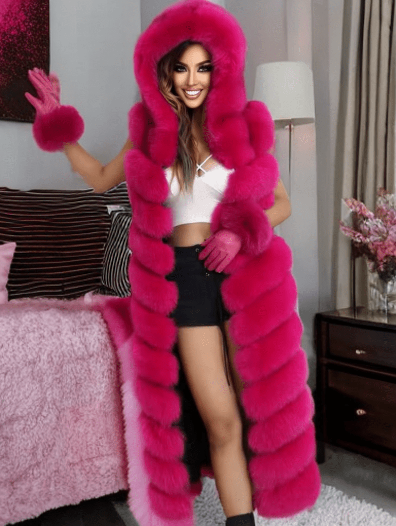 Kamizelka z lisa futrzana z kapturem długa fuksja - LEU