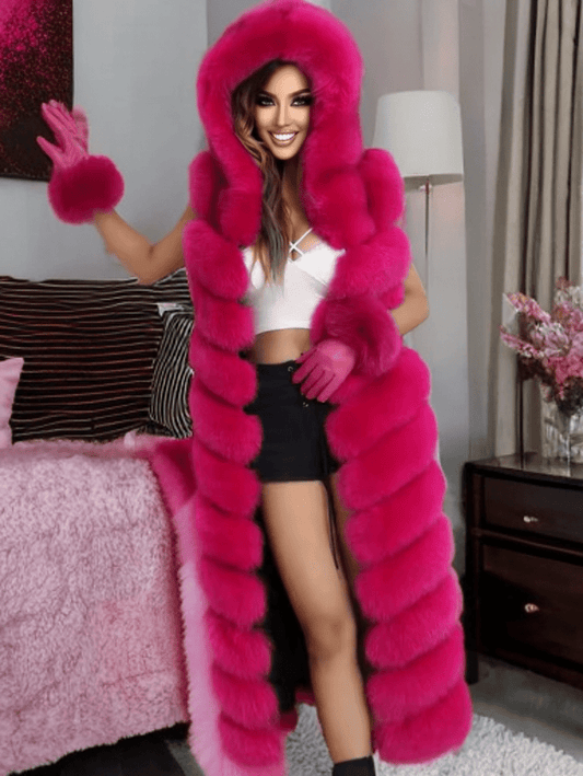 Kamizelka z lisa futrzana z kapturem długa fuksja - LEU