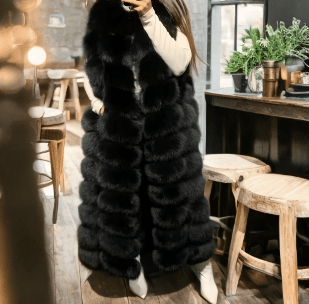 Kamizelka z lisa naturalnego czarna długa - LEU