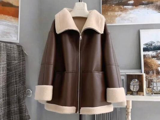 Kożuch naturalny damski oversize brązowy,LAURA - LEU