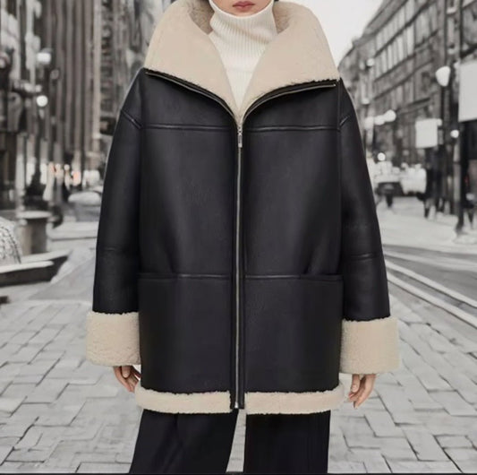 Kożuch naturalny damski oversize brązowy,MAJA - LEU