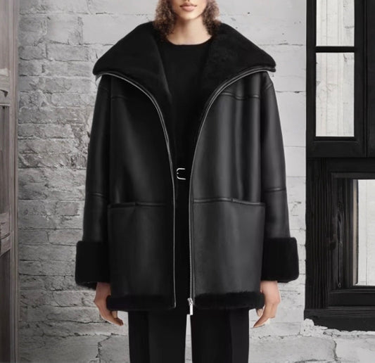 Kożuch naturalny damski oversize czarny,MAJA - LEU