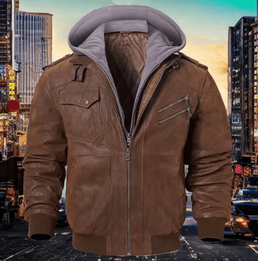 Kurtka bomberka męska brązowa z szarym kapturem,PLEIN - LEU