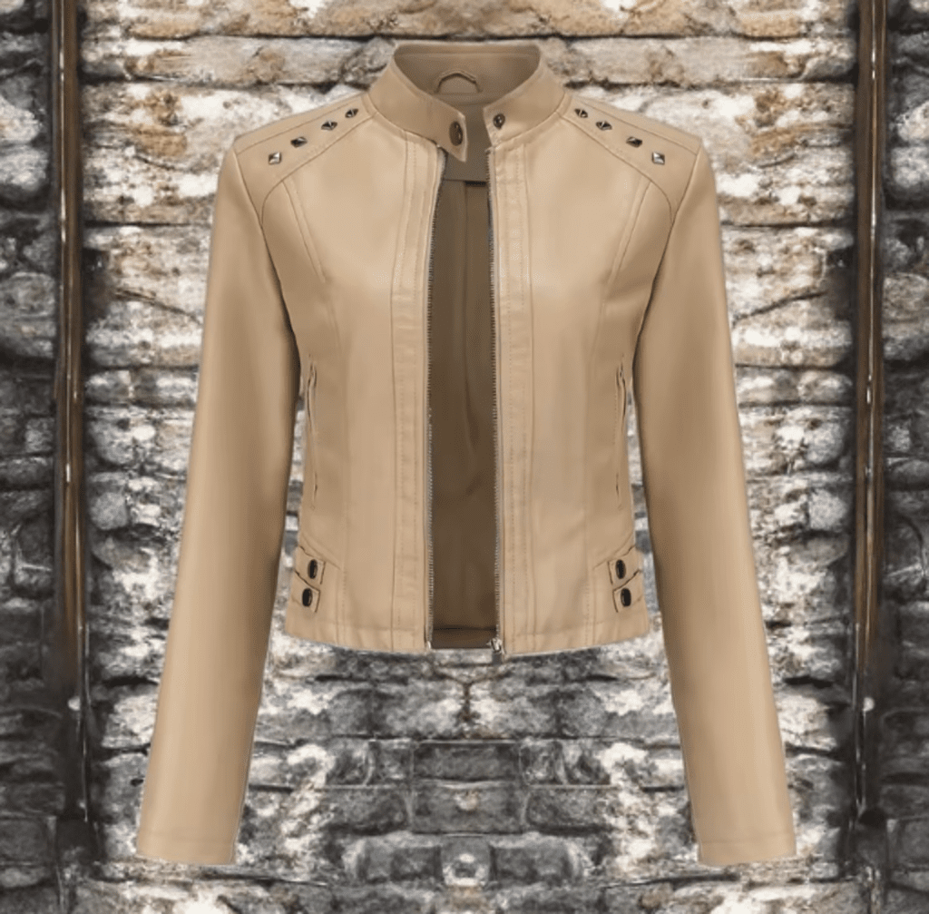 Kurtka skórzana damska beżowa ze skóry eko,BIKE-1 - LEU. Kurtka ze skóry ekologicznej wiosenna, jesienna, przejściowa.