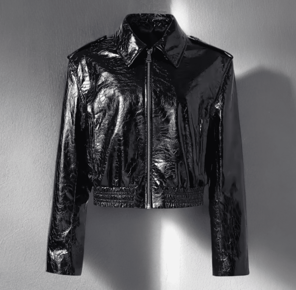 Kurtka skórzana damska bomberka czarna lakier - LEU