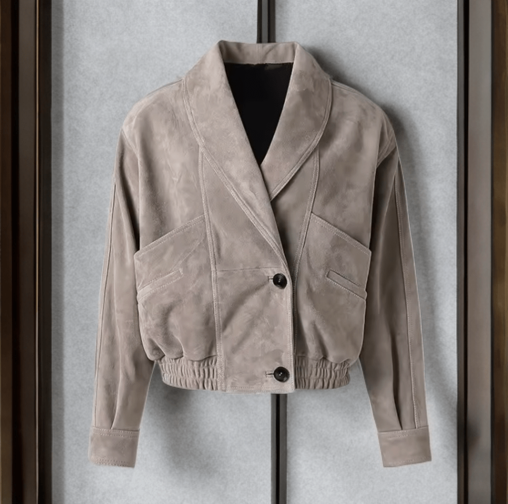 Kurtka skórzana damska bomberka, pilotka popiel, LOT-40-LEU Kurtka ze skóry wiosenna, jesienna, przejściowa.