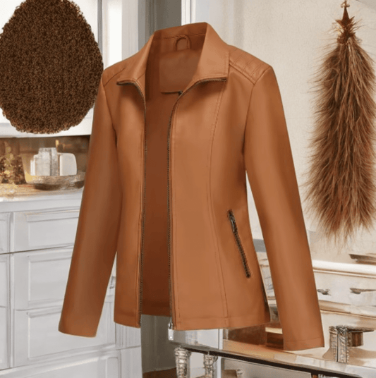 Kurtka skórzana damska brązowa jasna,KLASIC - LEU. Kurtka ze skóry ekologicznej damska wiosenna, jesienna, przejściowa.