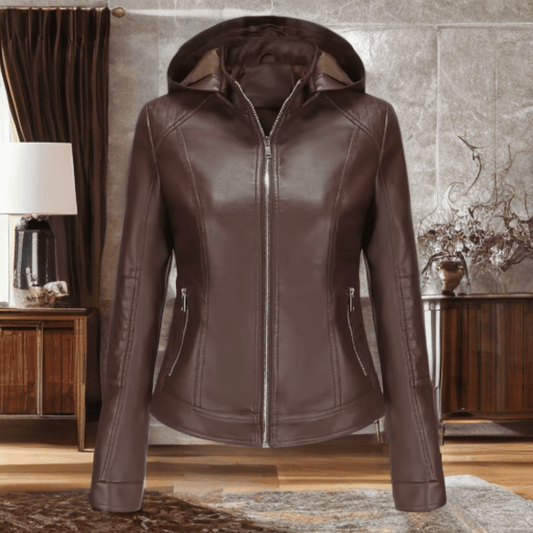 Kurtka skórzana damska brązowa z kapturem,SOFFI - LEU. Kurtka ze skóry ekologicznej damska wiosenna, jesienna, przejściowa.