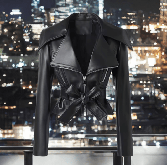 Kurtka skórzana damska czarna z paskiem - LEU. Kurtka ze skóry wiosenna, jesienna.