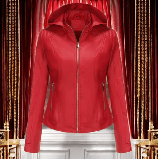 Kurtka skórzana damska czerwona z kapturem,SOFFI - LEU. Kurtka ze skóry ekologicznej damska wiosenna, jesienna, przejściowa.