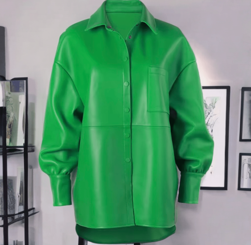 Kurtka skórzana damska koszula ze skóry zielona-LEU. Kurtka ze skóry damska wiosenna, jesienna.