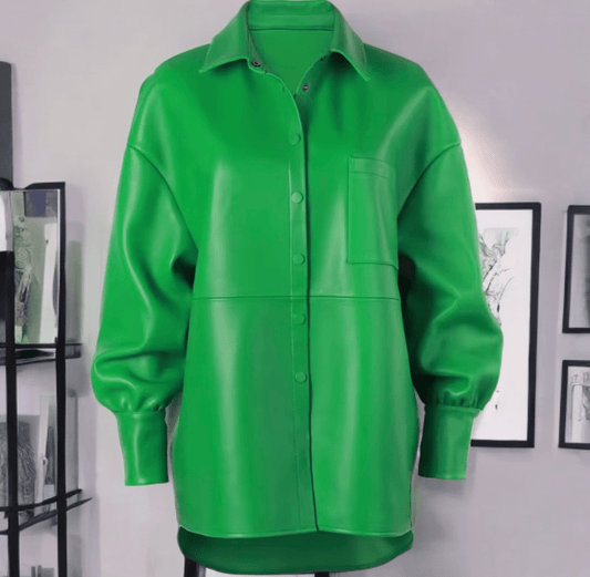 Kurtka skórzana damska koszula ze skóry zielona-LEU. Kurtka ze skóry damska wiosenna, jesienna.