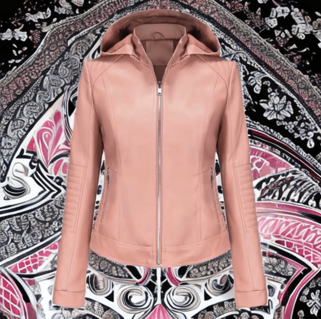 Kurtka skórzana damska łososiowa z kapturem,SOFFI - LEU. Kurtka ze skóry ekologicznej damska wiosenna, jesienna, przejściowa. 