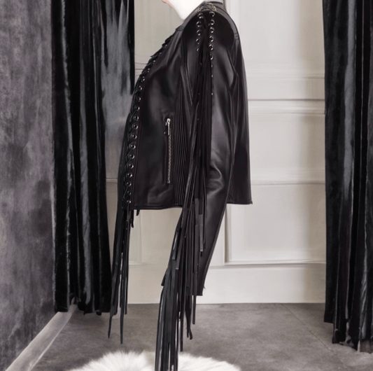 Kurtka skórzana damska z frędzlami ze skóry naturalnej. Kurta damska wiosenna, jesienna, przejściowa.