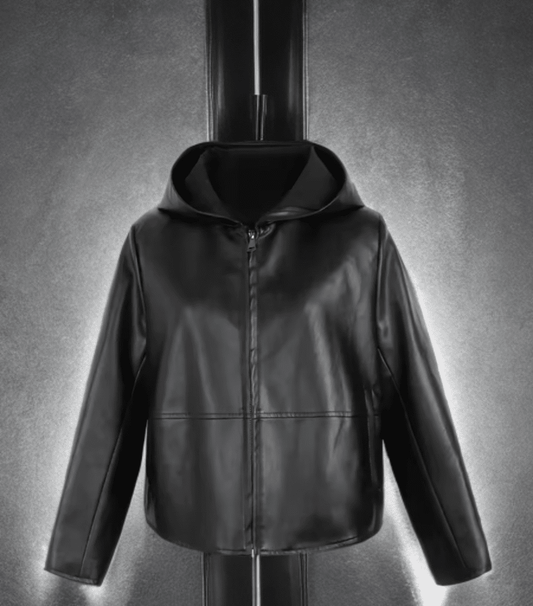 Kurtka skórzana damska z kapturem czarna - LEU