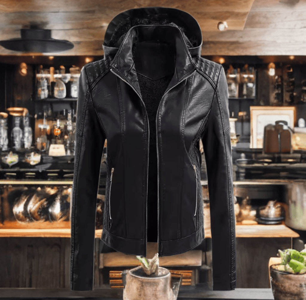 Kurtka skórzana damska z kapturem ze skóry eko czarna,MAJA