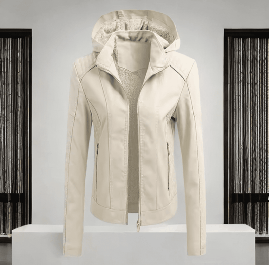 Kurtka skórzana damska z kapturem ze skóry eko ecru,MAJA