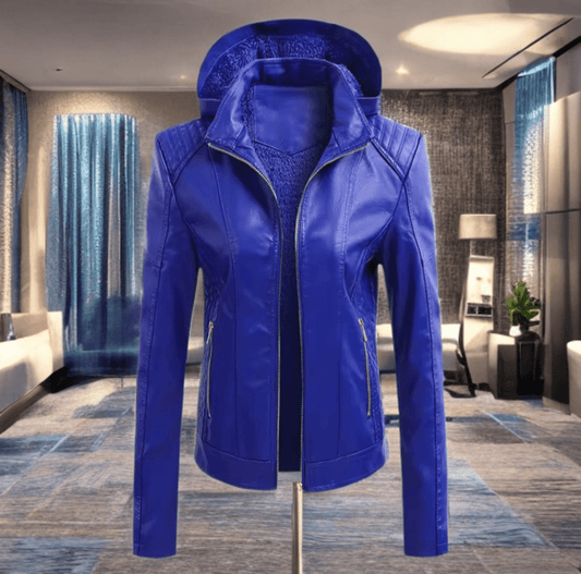 Kurtka skórzana damska z kapturem ze skóry eko niebieska,MAJA