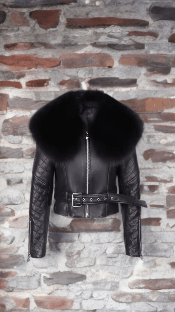 Kurtka skórzana damska z lisa, lisem czarna DAYSE - LEU