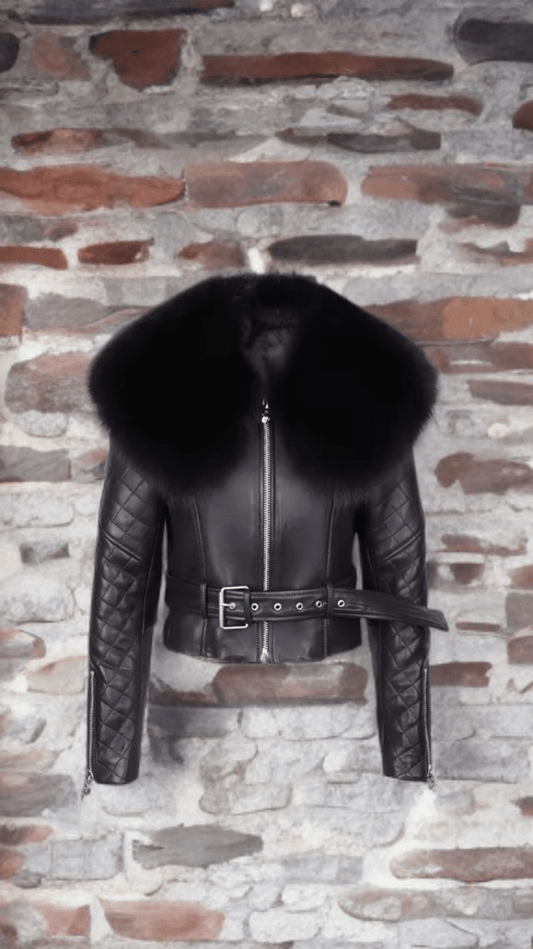 Kurtka skórzana damska z lisa, lisem czarna DAYSE - LEU