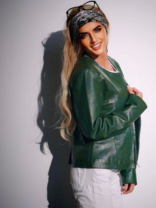 Kurtka skórzana damska z naturalnej skóry zielona, INA-2-LEU. Kurtka ze skóry wiosenna, jesienna, przejściowa. 