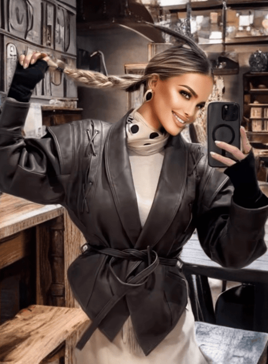 Kurtka skórzana damska z paskiem brązowa, FURLLA - 1 - LEU