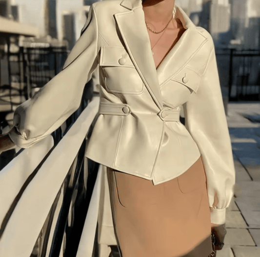 Kurtka skórzana damski żakiet beżowy,CH - 1 - LEU