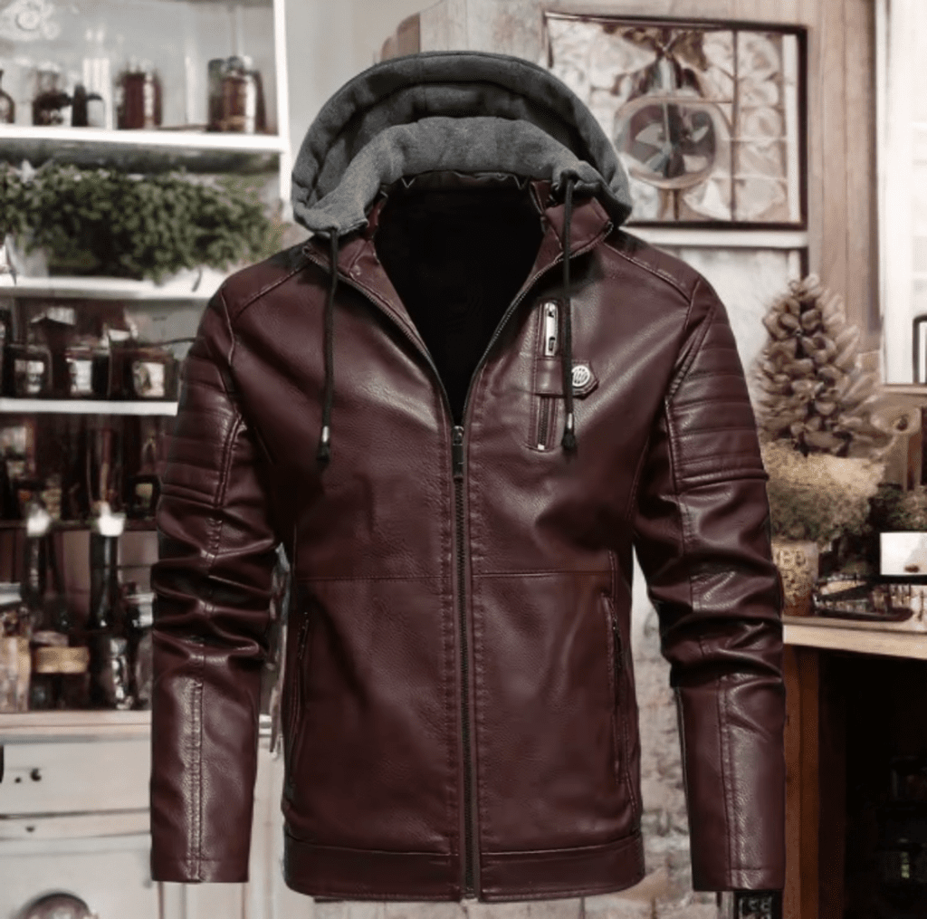 Kurtka skórzana męska brązowa ciemna z kapturem,K - 1 - LEU