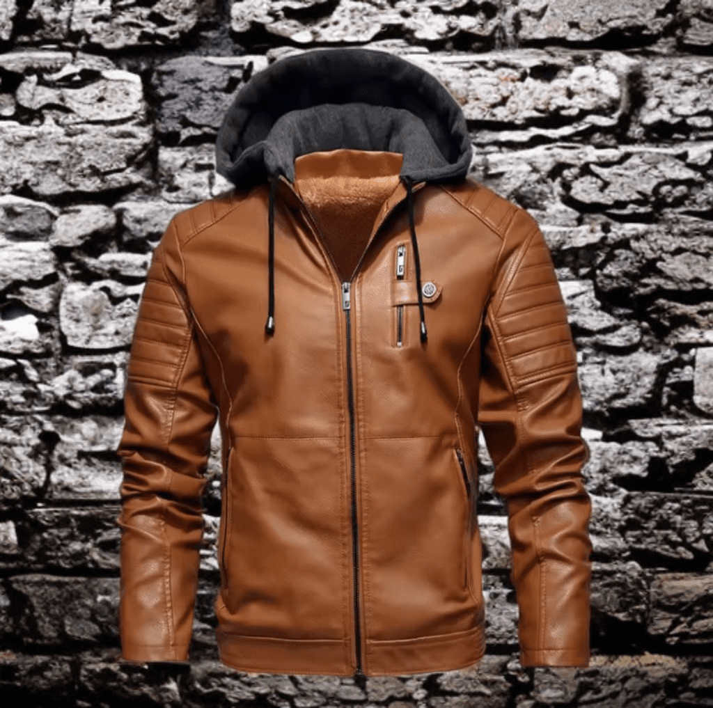 Kurtka skórzana męska brązowa jasna z kapturem,K - 1 - LEU