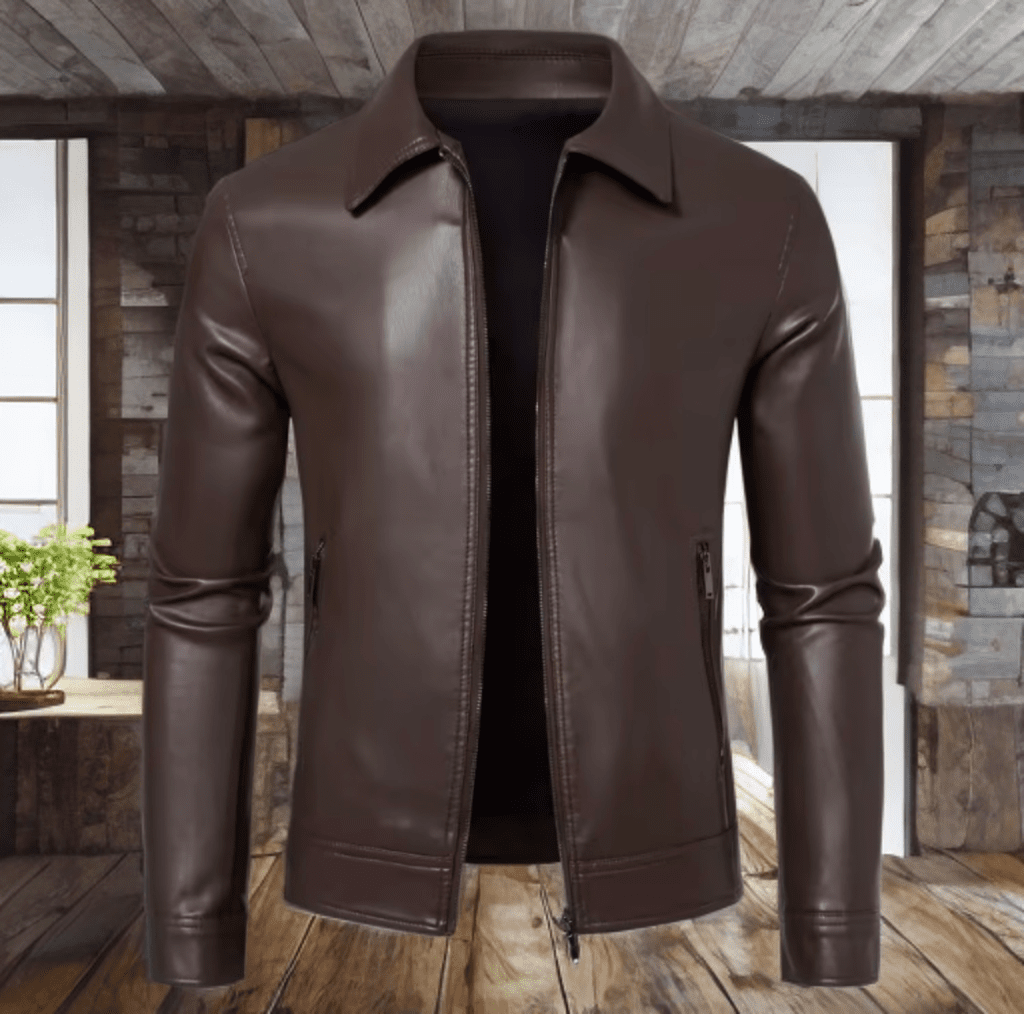 Kurtka skórzana męska brązowa ze skóry z kołnierzem - LEU