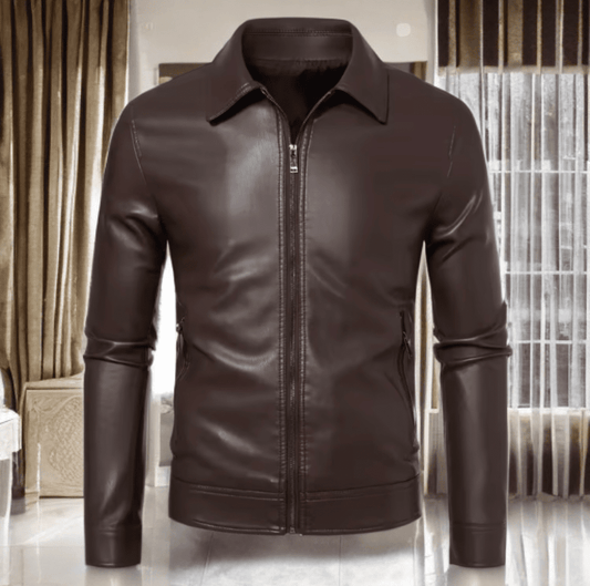 Kurtka skórzana męska brązowa ze skóry z kołnierzem - LEU