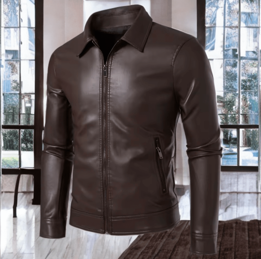 Kurtka skórzana męska brązowa ze skóry z kołnierzem - LEU