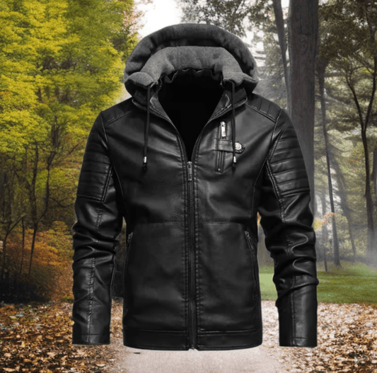 Kurtka skórzana męska czarna z kapturem,K - 1 - LEU
