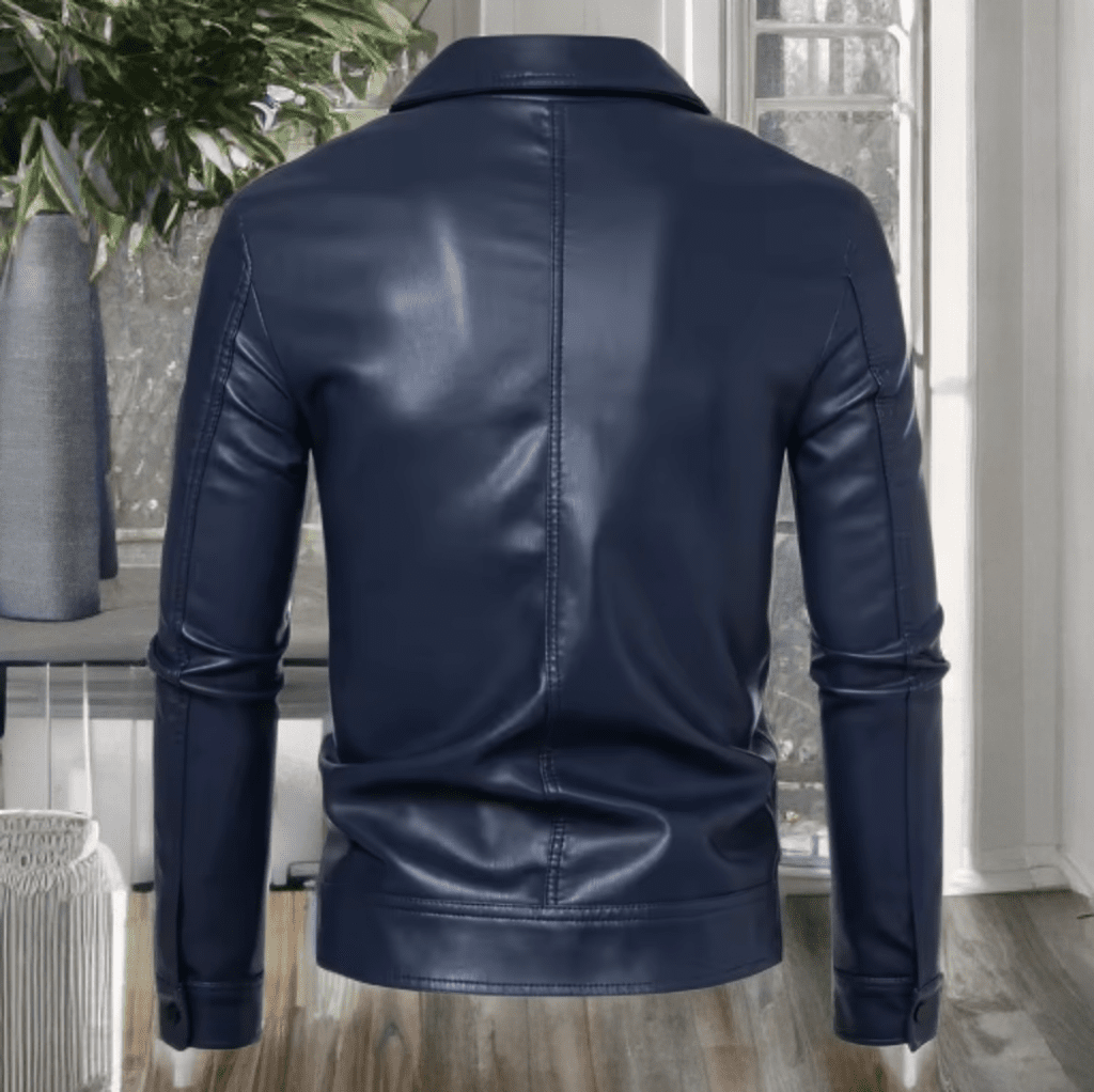 Kurtka skórzana męska granatowa ze skóry z kołnierzem - LEU