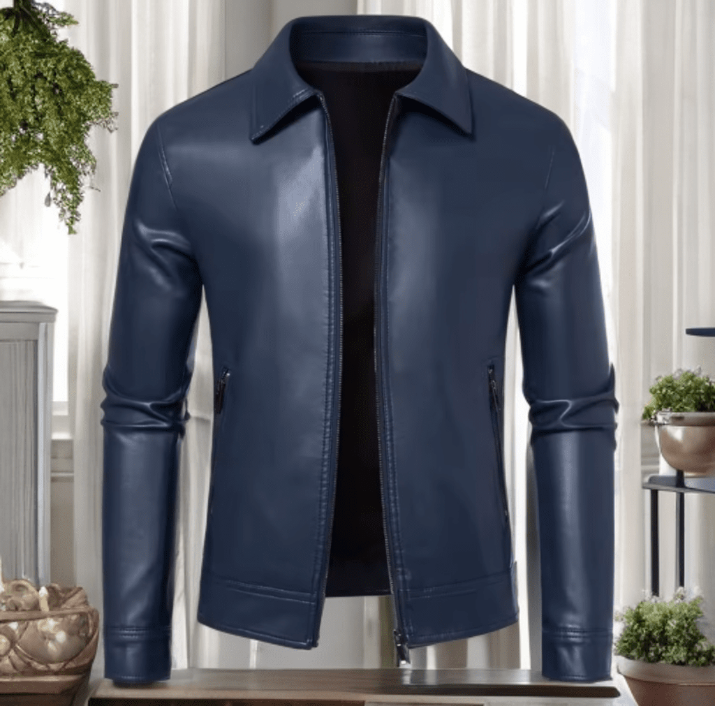 Kurtka skórzana męska granatowa ze skóry z kołnierzem - LEU