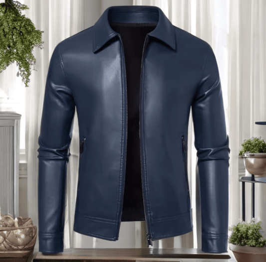 Kurtka skórzana męska granatowa ze skóry z kołnierzem - LEU