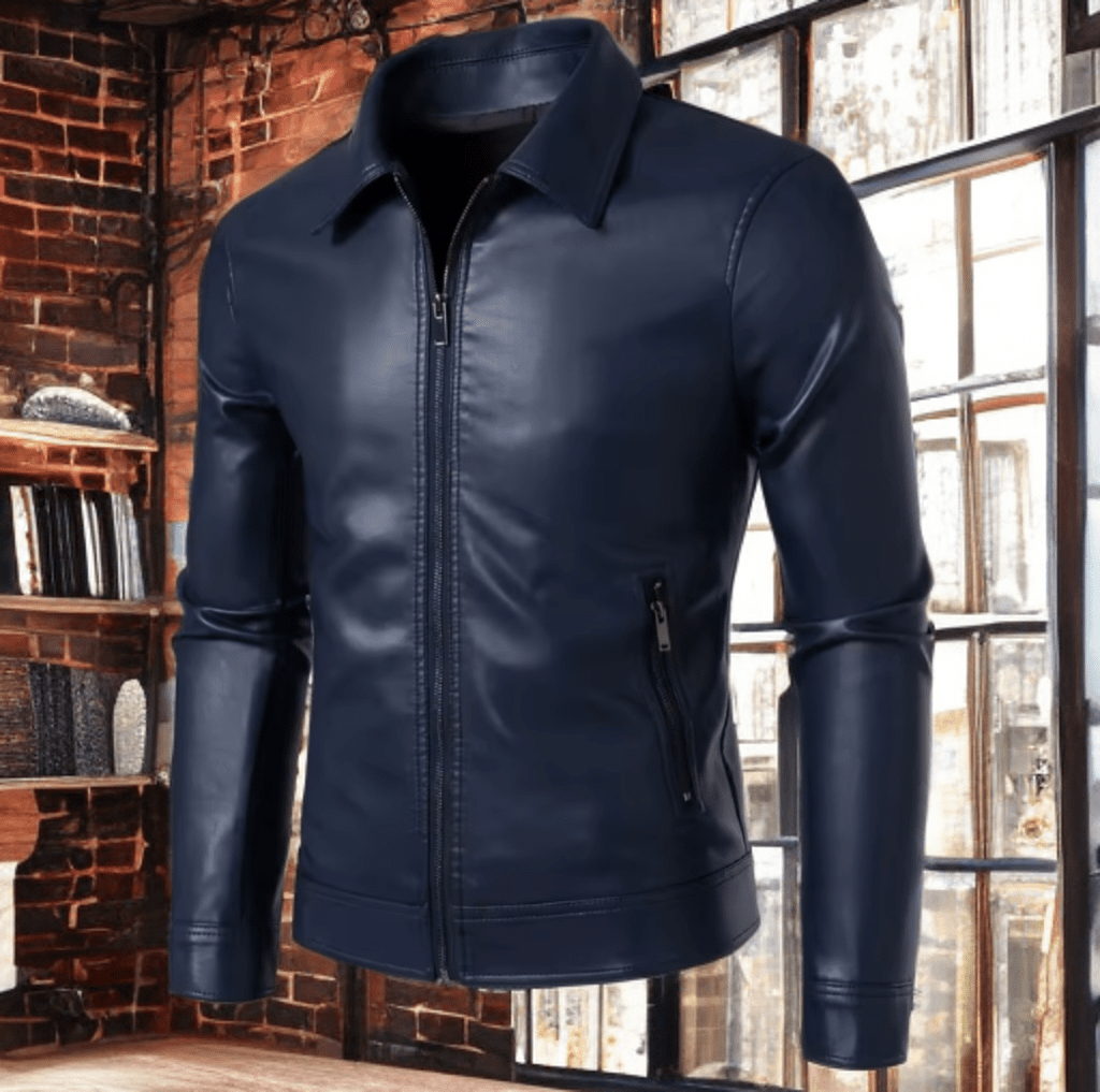 Kurtka skórzana męska granatowa ze skóry z kołnierzem - LEU