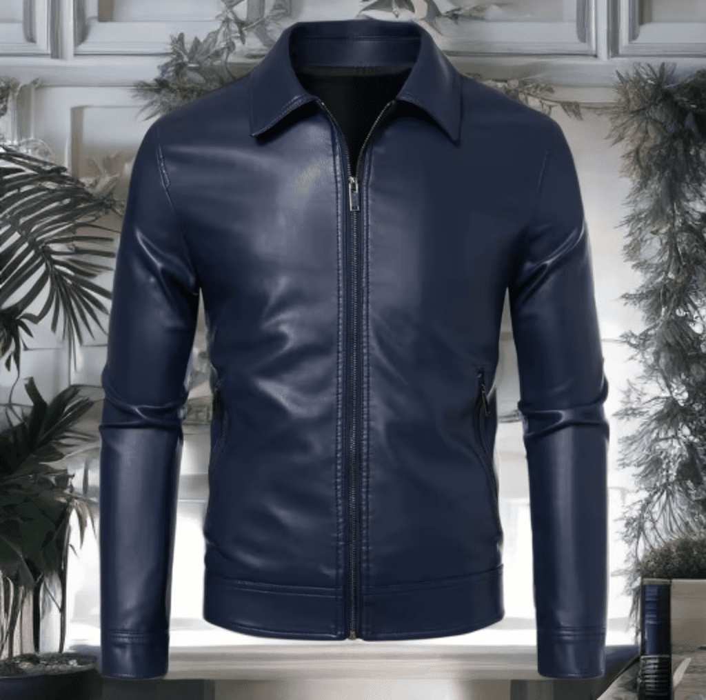 Kurtka skórzana męska granatowa ze skóry z kołnierzem - LEU