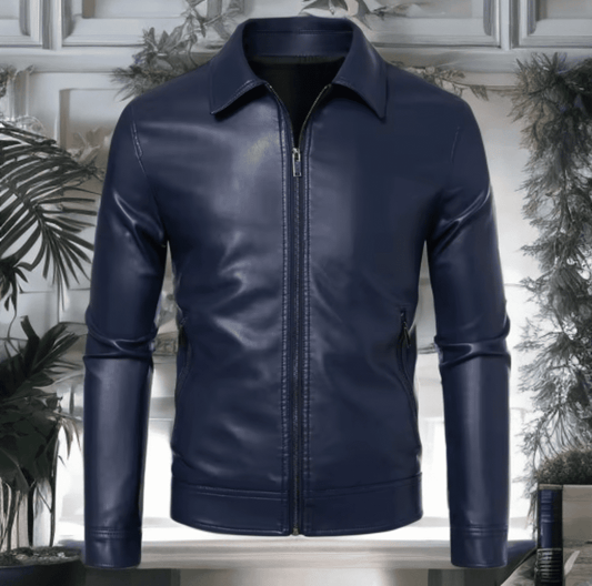 Kurtka skórzana męska granatowa ze skóry z kołnierzem - LEU