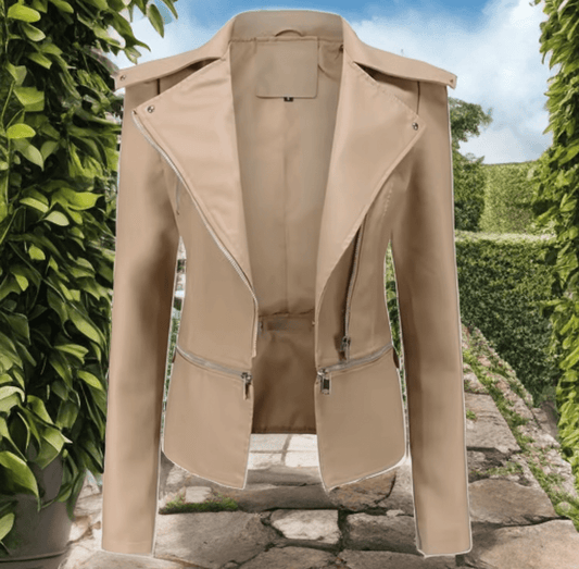 Kurtka skórzana ramoneska beżowa ze skóry damska 2W1 - LEU