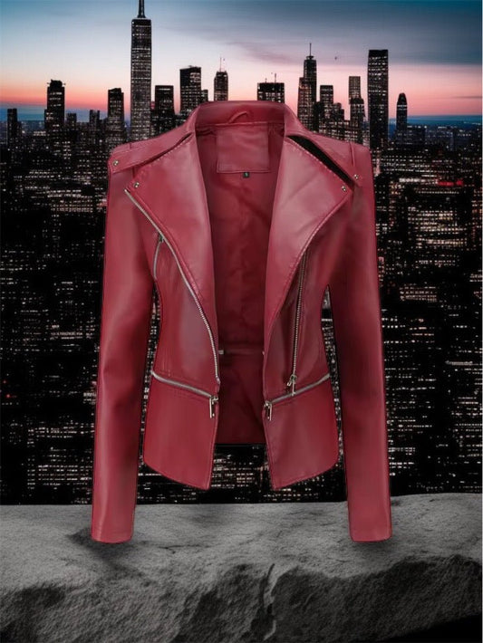 Kurtka skórzana ramoneska bordowa ze skóry damska 2W1 - LEU