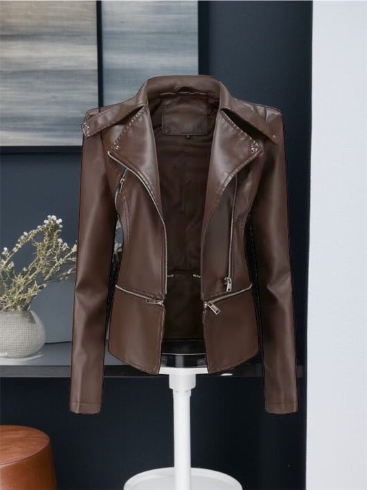 Kurtka skórzana ramoneska brązowa ciemna ze skóry damska 2W1 - LEU