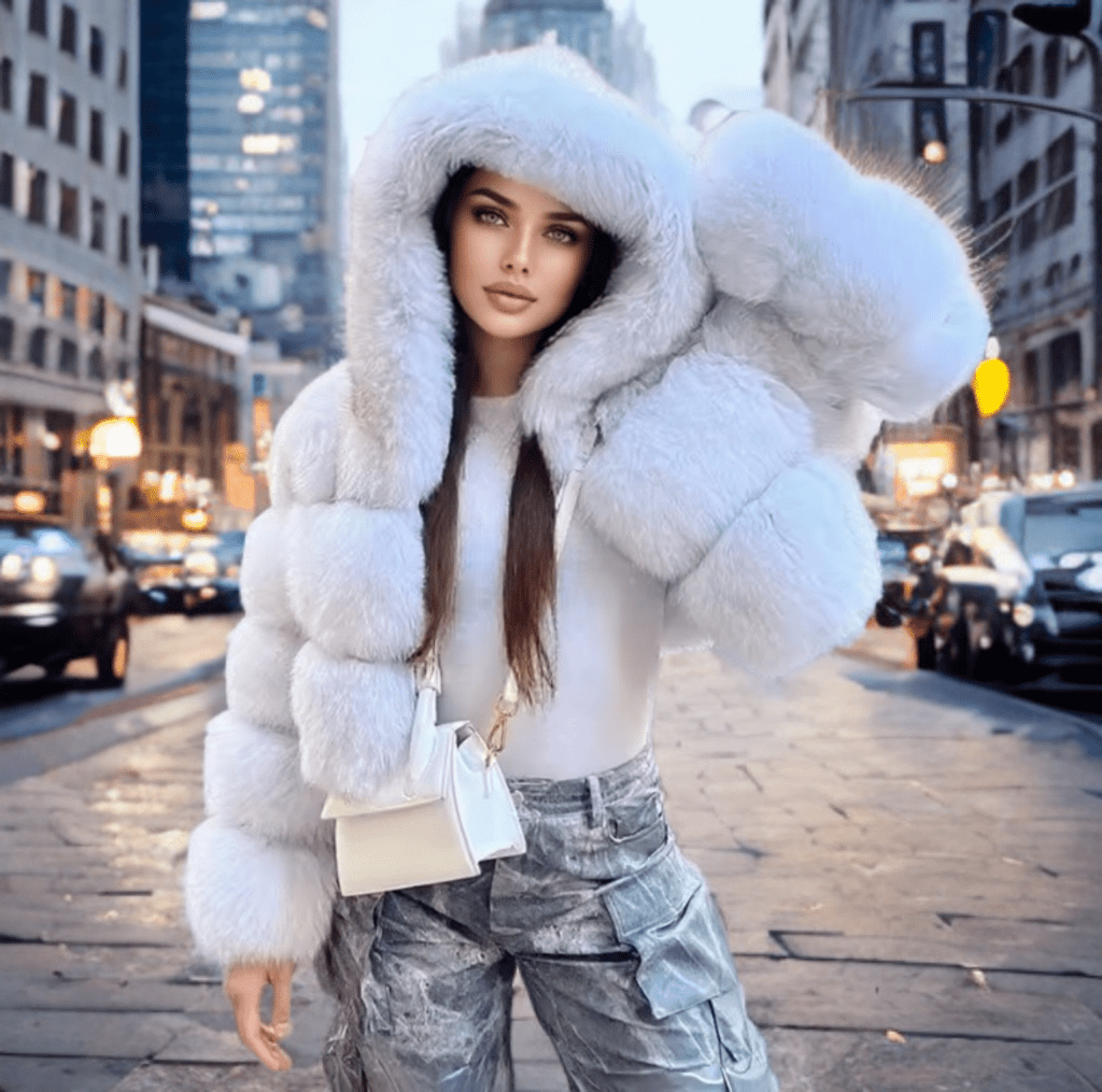 Kurtka z futra lisa naturalnego z kapturem biała,BELLA od LEU. Futro damskie naturalne, futrzana kurtka z naturalnego futra.