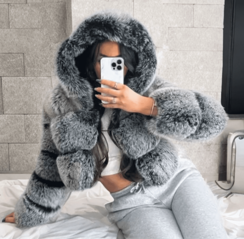 Kurtka z futra lisa naturalnego z kapturem szara,BELLA - LEU