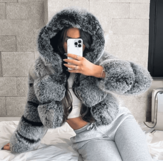 Kurtka z futra lisa naturalnego z kapturem szara,BELLA - LEU