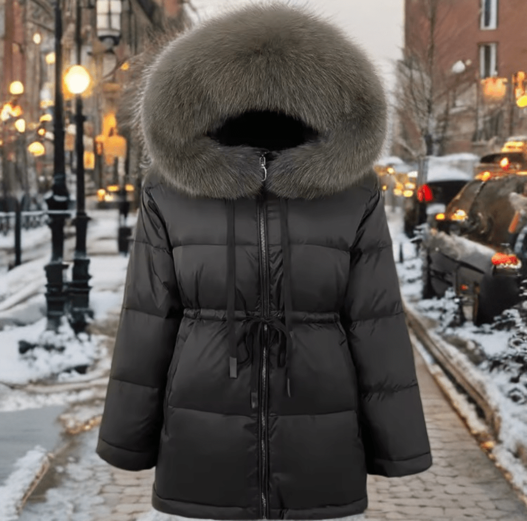 Kurtka z futrem lisa naturalnego czarna, SHIRA-1 od LEU. Kurtka z futrem puchowa damska zimowa wypełniona kaczym puchem.