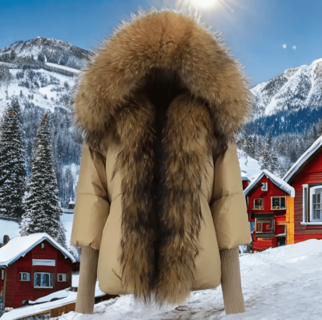 Kurtka z futrem puchowa damska beżowa jenot naturalny,VALENTINA - LEU