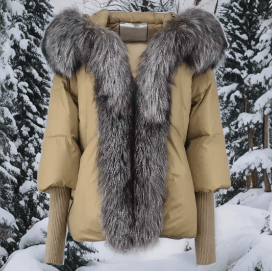Kurtka z futrem puchowa damska beżowa lis naturalny srebrny, VALENTINA - LEU