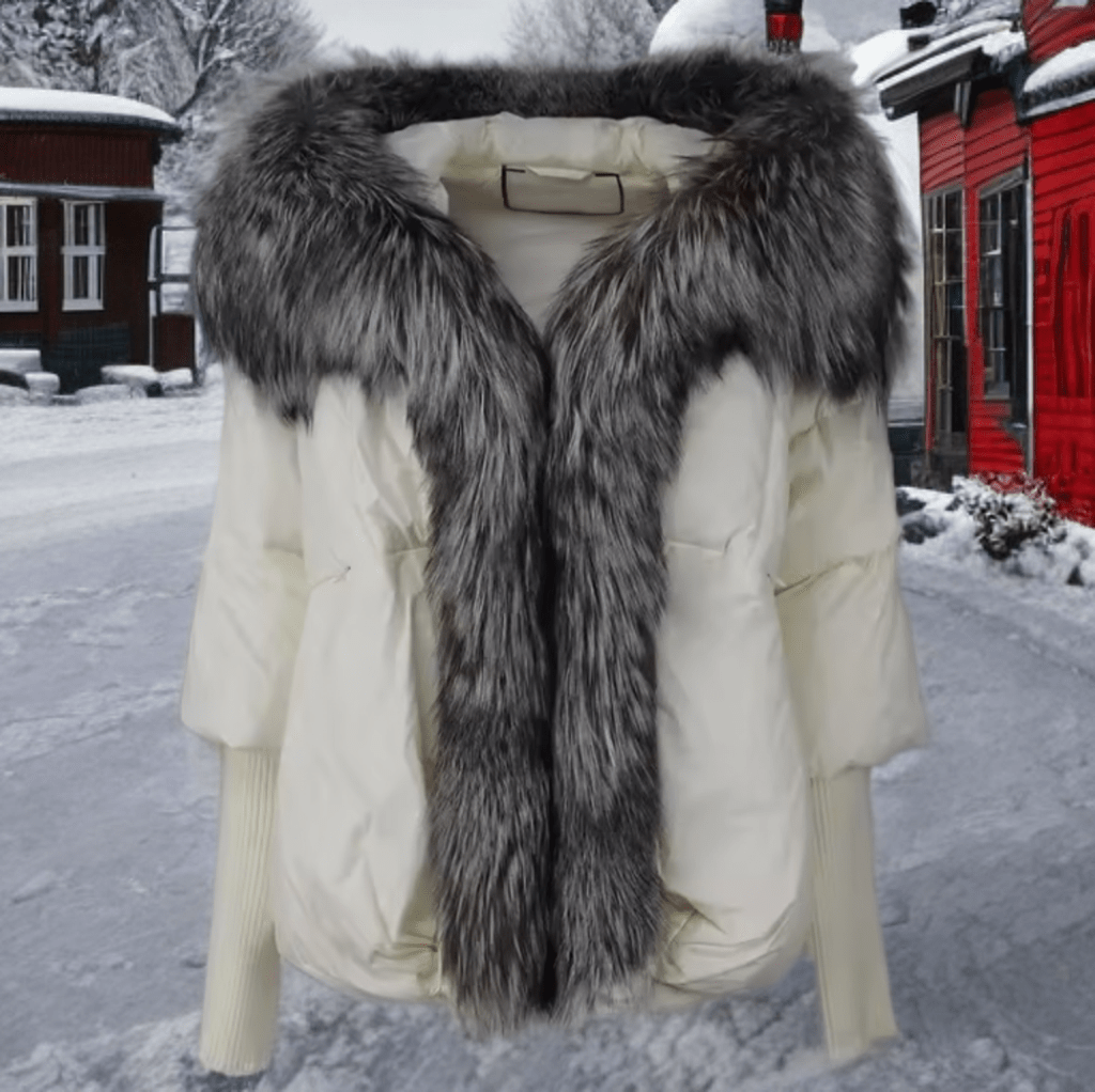 Kurtka z futrem puchowa damska biała srebrny lis naturalny,VALENTINA - LEU